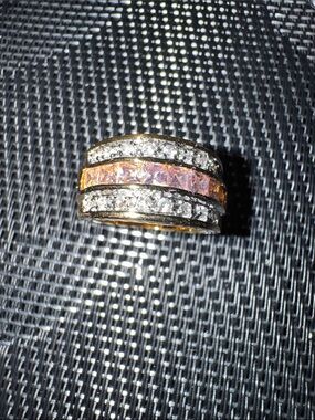 Gold Wide Band with Princess cut crystals by Seta Corp.  Size 5